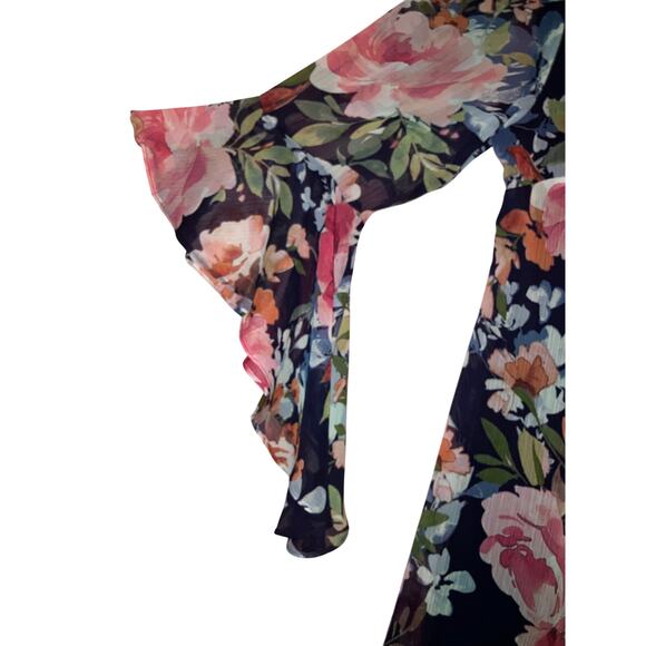 Connected Apparel Navy Floral Flowy Sleeve Shift Dress Women’s 12 Petite - Picture 2 of 6